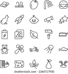 thin line vector icon set - paint roller vector, baby rattle, teddy bear, funny hairdo, shower, picture, artificial satellite, piece of cheese, big burger, cake slice, small fish, pear, coconut