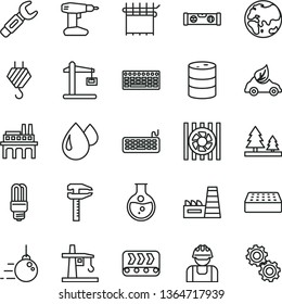 thin line vector icon set - hook vector, big core, drill, building level, brick, round flask, planet, barrel, forest, thermal power plant, industrial enterprise, conveyor, builder, cloth industry