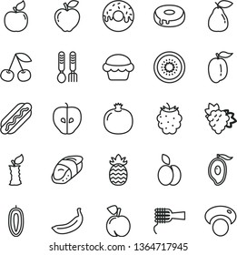 thin line vector icon set - iron fork spoons vector, Hot Dog, noodles, cake, with a hole, glazed, sushi, apple, cherry, peach, pomegranate, branch of grape, pear, apricot, red, tasty, blackberry