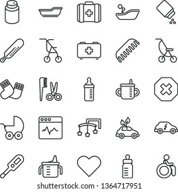 thin line vector icon set - mark of injury vector, toys over the cot, mug for feeding, measuring cup, bottle, powder, baby, stroller, summer, sitting, electronic thermometer e, mercury, bath, comb