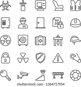 thin line vector icon set - warning vector, car child seat, open pin, medical bag, workman, ntrance door, construction helmet, road fence, lock, key, strongbox, radiation hazard, encrypting, nuclear