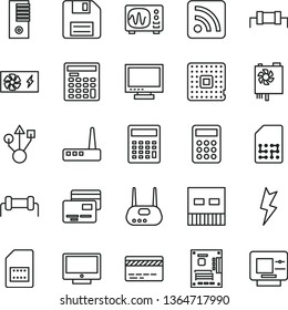 thin line vector icon set - floppy disk vector, monitor, bank card, calculator, rss feed, lightning, screen, cards, processor, SIM, engineer, pc power supply, tower, motherboard, usb, router, atm