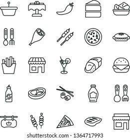 thin line vector icon set - plastic fork spoons vector, iron, fried vegetables on sticks, pizza, piece of, big burger, cake, pie, lettuce in a plate, grill chicken leg, bacon, chop, barbecue, sushi