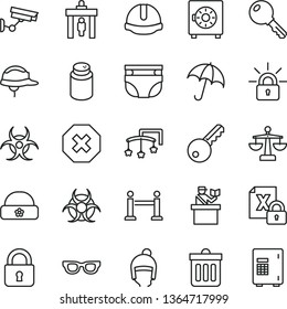thin line vector icon set - mark of injury vector, scales, toys over the cot, nappy, powder, winter hat, warm, construction helmet, dust bin, lock, key, umbrella, strongbox, encrypting, glasses