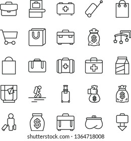thin line vector icon set - paper bag vector, first aid kit, toys over the cot, of a paramedic, medical, suitcase, case, with handles, package, glass tea, cart, purse, money, dollars, hand, rolling