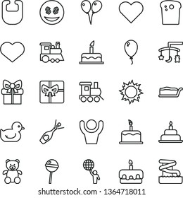 thin line vector icon set - heart symbol vector, toys over the cradle, bib, baby duckling, teddy bear, toy train, children's, colored air balloons, balloon, cake, birthday, Easter, slice, torte, sun