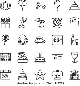 thin line vector icon set - daily calendar vector, colored air balloons, balloon, cake, birthday, Easter, lollipop, glass, pumpkin, wall, gift, giftbox, wine, car baggage, beach, palm tree, aquapark