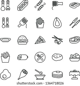thin line vector icon set - plates and spoons vector, plastic fork, iron, sausage, stick of, piece pizza, Hot Dog, mini, burger, spaghetti, noodles, lettuce in a plate, grill chicken leg, bacon, egg