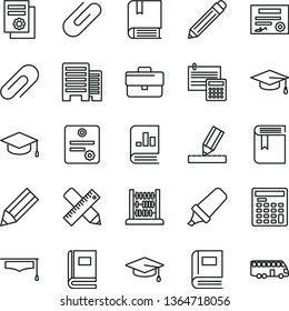 thin line vector icon set - clip vector, briefcase, graphite pencil, book, e, abacus, buildings, writing accessories, drawing, calculation, square academic hat, text highlighter, on statistics, bus