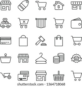 thin line vector icon set - paper bag vector, grocery basket, bank card, hammer of a judge, motor vehicle present, building trolley, cart, crossed, cards, kiosk, coins, hanger, label, stall, wallet