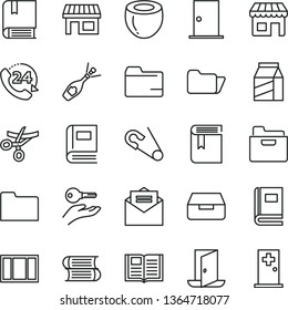 thin line vector icon set - folder vector, book, open pin, e, books, window frame, ntrance door, received letter, drawer, 24, package, half of coconut, kiosk, stall, arm with key, exit, champagne