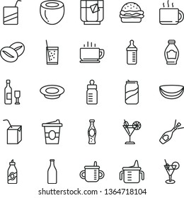 thin line vector icon set - mug for feeding vector, measuring cup, bottle, e, packing of juice with a straw, coffee, burger, plate milk, beans, tea, coffe to go, glass soda, cocktail, can, liquor