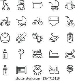 thin line vector icon set - baby cot vector, dummy, mug for feeding, bottle, measuring, diaper, bib, stroller, carriage, summer, sitting, roly poly doll, toy sand set, children's potty, chair, small