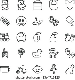 thin line vector icon set - baby powder vector, bib, Child T shirt, duckling, warm socks, toy mobile phone, children's potty, teddy bear, small, hairdo, train, yule, bicycle, piece of cake, lollipop