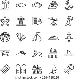 thin line vector icon set - anchor vector, small fish, sea port, commercial seaport, lighthouse, coastal, planet, sand castle, sail boat, hotel, beach, palm tree, starfish, flippers, surfing, yacht