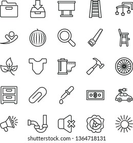 Thin Line Vector Icon Set - Clip Vector, Magnifier, Camera Roll, Toys Over The Cot, Child T Shirt, A Chair For Feeding, Arm Saw, Stepladder, Sewerage, Hammer With Claw, No Sound, Folder, Nightstand