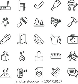 thin line vector icon set - check mark vector, beanbag, safety pin, children's sand set, a chair for feeding, brick, spatula, temperature, hammer with claw, camera, unpacking, move up, chicken thigh