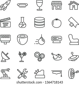 thin line vector icon set - house vector, add bookmark, movie cracker, Baby chair, yule, big core, small tools, mini hot dog, chicken, cocktail, glass, half of coconut, persimmon, flask, stall, data