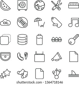 thin line vector icon set - clean sheet of paper vector, spectacles, horn, remove label, Knitted Socks, small tools, sink, key, brick, big data, strongbox, copy, bundle eggs, orange slice, planet