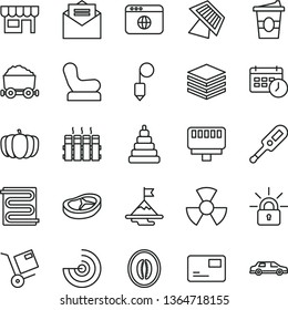 thin line vector icon set - Baby chair vector, electronic thermometer e, stacking toy, plummet, heating coil, radiator, received letter, pile, pass card, kiosk, shipment, bacon, coffe to go, pumpkin