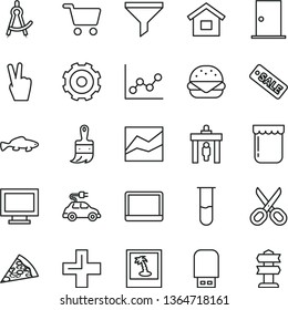 thin line vector icon set - truck lorry vector, monitor window, scissors, plus, line chart, graph, dwelling, wooden paint brush, ntrance door, piece of pizza, big burger, small fish, jam, filter