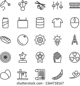 thin line vector icon set - T shirt vector, eggs, fried potato slices, Chinese chopsticks, japanese sushi, soda can, orange, half of, peas, barrel, accumulator, gear, radiation hazard, tower crane