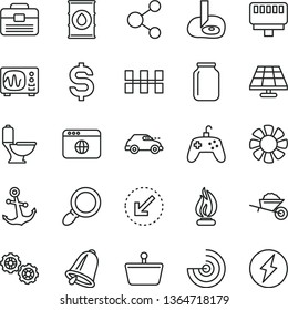 thin line vector icon set - gears vector, garden trolley, portfolio, toilet, ceramic tiles, bell, left bottom arrow, anchor, solar panel, oil, retro car, jar, shopping basket, connection, fan, flame