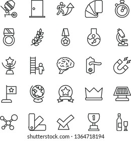 thin line vector icon set - concrete mixer vector, color samples, sample of colour, door knob, ntrance, flask, microscope, molecule, brain, globe, magnet, sun panel, stopwatch, laurel branch, award