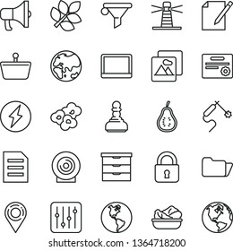 thin line vector icon set - storage unit vector, lock, picture, regulator, notes, megaphone, lens, lettuce in a plate, popcorn, part of guava, planet, Earth, gas welding, shopping basket, lighthouse