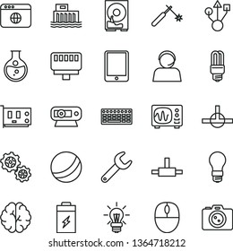 thin line vector icon set - bath ball vector, charging battery, round flask, light bulb, hydroelectric station, gears, mercury, welding, repair key, operator, tablet pc, mouse, keyboard, card, hdd