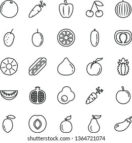 thin line vector icon set - Hot Dog vector, carrot, fried egg, cherry, ripe peach, half pomegranate, plum, fig, tasty mulberry, water melon, slice, date fruit, passion, lemon, juicy, guava, of