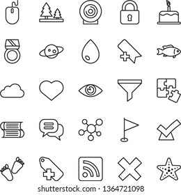 thin line vector icon set - heart symbol vector, add bookmark, cross, label, rss feed, pennant, children's tracks, Puzzles, books, lock, eye, drop, cake, lens, fish, forest, filter, mouse, cloud
