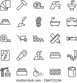 thin line vector icon set - safety pin vector, tower crane, brickwork, brick wall, building trolley, trowel, measuring tape, long meashuring, sample of colour, suitcase, washbasin, bath, siphon
