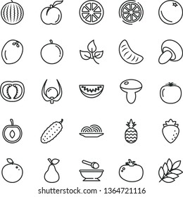 thin line vector icon set - deep plate with a spoon vector, onion, mushroom, porcini, cucumber, tomato, pineapple, pear, orange, ripe peach, raspberry, water melon, slice, tangerine, of, half cherry