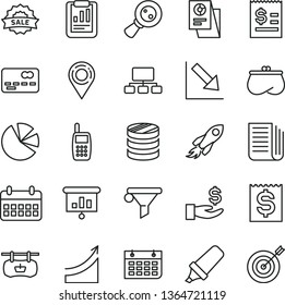 thin line vector icon set - negative chart vector, antique advertising signboard, location, magnifying glass, water filter, space rocket, front of the bank card, column coins, statistical report