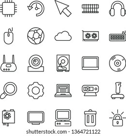 thin line vector icon set - laptop vector, computer, notebook pc, radiator fan, mouse, keyboard, power supply, cpu, gpu card, monitor, web camera, hdd, router, cd, headphones, network, trash bin