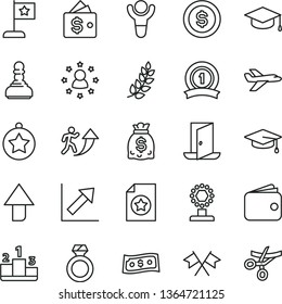 thin line vector icon set - upward direction vector, growth chart, square academic hat, pedestal, wallet, dollars, winner, laurel branch, cup, pawn, man arrow up, graduate, star medal, flag, ribbon