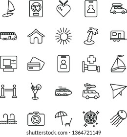 thin line vector icon set - train vector, car baggage, camper, bus, sail boat, hang glider, rope barrier, identity card, passport, atm, credit, boungalow, arnchair under umbrella, sun, palm tree
