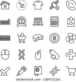 thin line vector icon set - house vector, laptop, plus, add label, upload archive data, put in cart, T shirt, phone call, right bottom arrow, cheese, fan screw, mouse, keyboard, pc power supply, dna