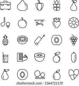 thin line vector icon set - suitcase vector, a glass of soda, pineapple, pear, mint, half apricot, large grape, plum, strawberry, fig, blueberry, date fruit, tasty, kiwi, guava, slice, grapefruit