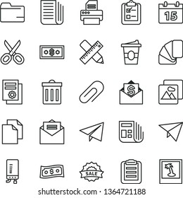thin line vector icon set - scissors vector, clip, bin, paper airplane, clean, folder, sample of colour, writing accessories, electronic boiler, calendar, received letter, picture, survey, morning