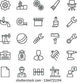 thin line vector icon set - paint roller vector, clean sheet of paper, bath ball, builder, drill, hand saw, measuring tape, wooden brush, portfolio, ceramic tiles, spatula, employee, gear, gears