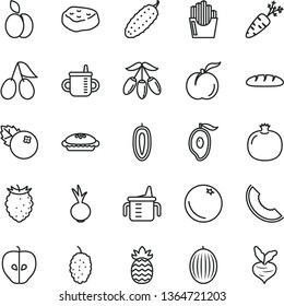 thin line vector icon set - mug for feeding vector, measuring cup, loaf, pie, piece of meat, cucumber, beet, fried potato slices, blueberries, apple, orange, ripe peach, pomegranate, tasty, cornels