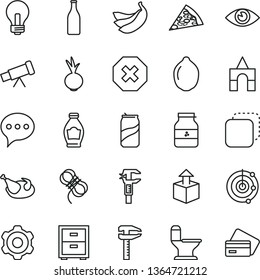 thin line vector icon set - incandescent lamp vector, mark of injury, bedside table, box bricks, cogwheel, comfortable toilet, hawser, speech, eye, copy, unpacking, piece pizza, chicken, beet, lime