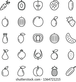 thin line vector icon set - strawberries vector, pear, apple, grape, tasty, rose hip, medlar, blueberry, mulberry, melon, water, delicious plum, date fruit, slice of tangerine, passion, lemon, guava