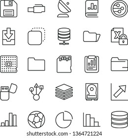thin line vector icon set - floppy disk vector, folder, pie chart, growth, positive histogram, download archive data, pile, big server, copy, processor, satellite antenna, bar, statistical report
