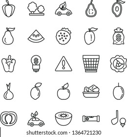 thin line vector icon set - warning vector, wicker pot, construction level, lettuce in a plate, peper, strawberries, squash, apricot, half of mango, ripe plum, passion fruit, kiwi, sour lime, guava