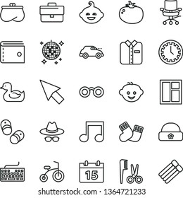 thin line vector icon set - briefcase vector, clock face, purse, keyboard, hat with glasses, rubber duck, accessories for a hairstyle, warm socks, children's hairdo, funny, child bicycle, shoes