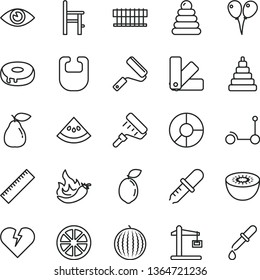 thin line vector icon set - yardstick vector, bib, stacking rings, toy, a chair for feeding, colored air balloons, Kick scooter, new roller, paint, color samples, broken heart, eye, cake with hole