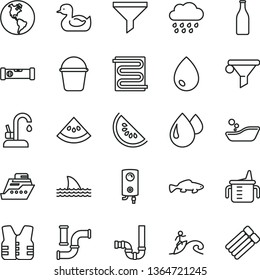 thin line vector icon set - measuring cup for feeding vector, rubber duck, children's bathroom, rainy cloud, bucket, siphon, construction level, heating coil, kitchen faucet, boiler, drop, pipes